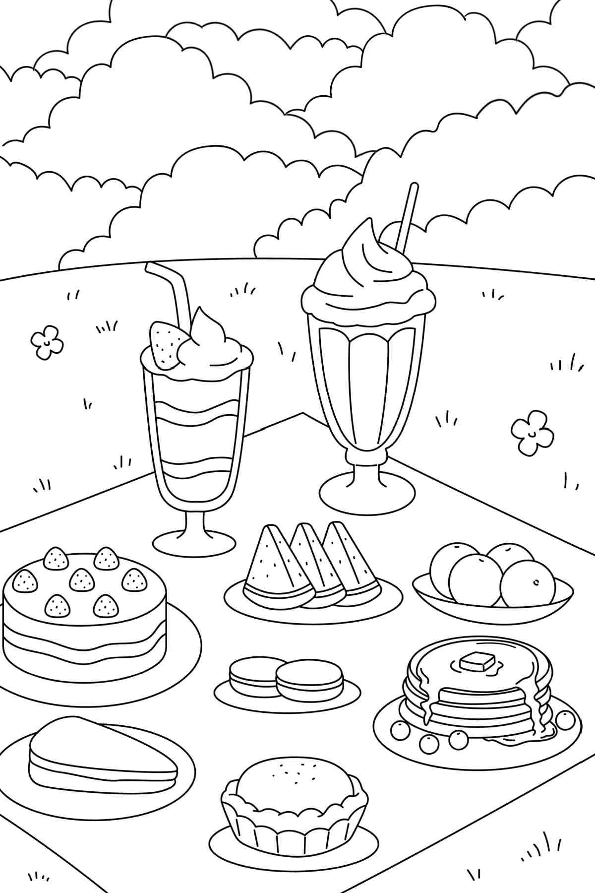 Get a Free Picnic Coloring Pages Printable A picnic coloring pages printable, with a picnic blanket with various desserts on it, in a field, with bushes in the background.