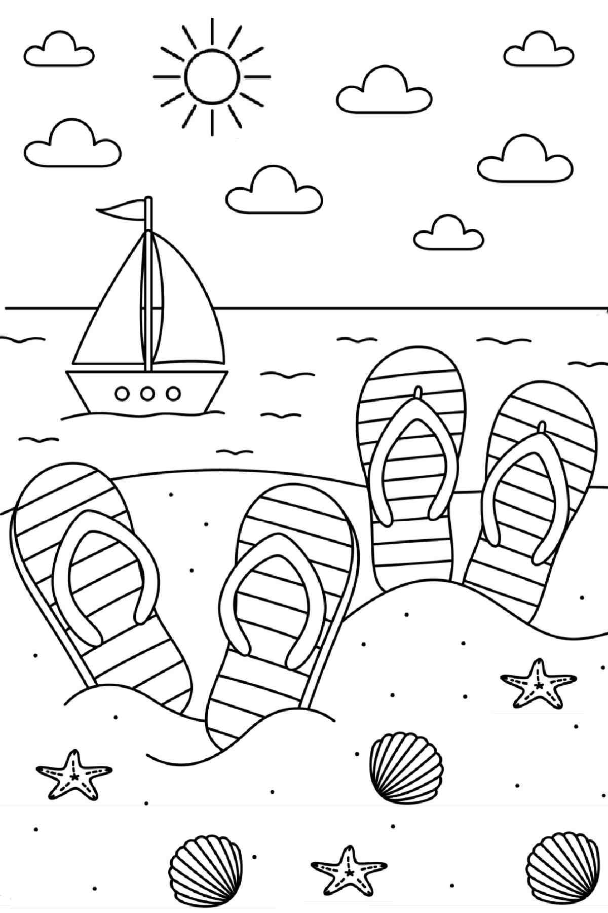 Free Printable Beach Coloring Pages A printable beach coloring pages image with two pairs of flip flops sticking out of the sand, with a boat sailing in the ocean behind it, with a sun and clouds in the sky, and seashells in the sand.