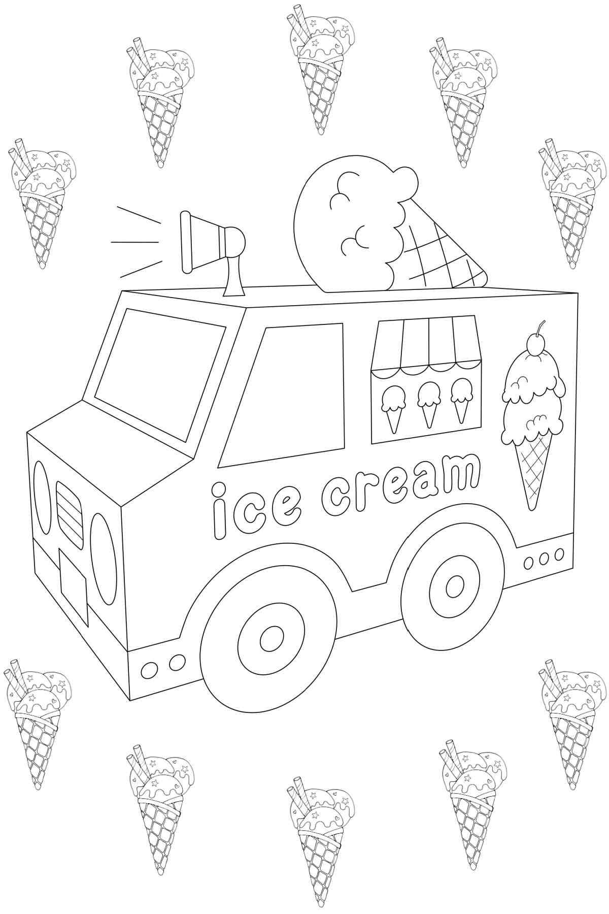 Get Free Ice Cream Coloring Pages Printables A printable ice cream coloring sheets image with an ice cream truck in the center, surrounded by ice cream cones.