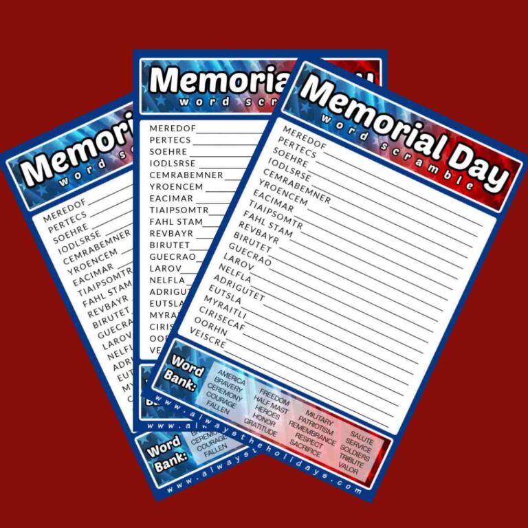 Three free Memorial Day word scrambles fanned out over a dark red background.