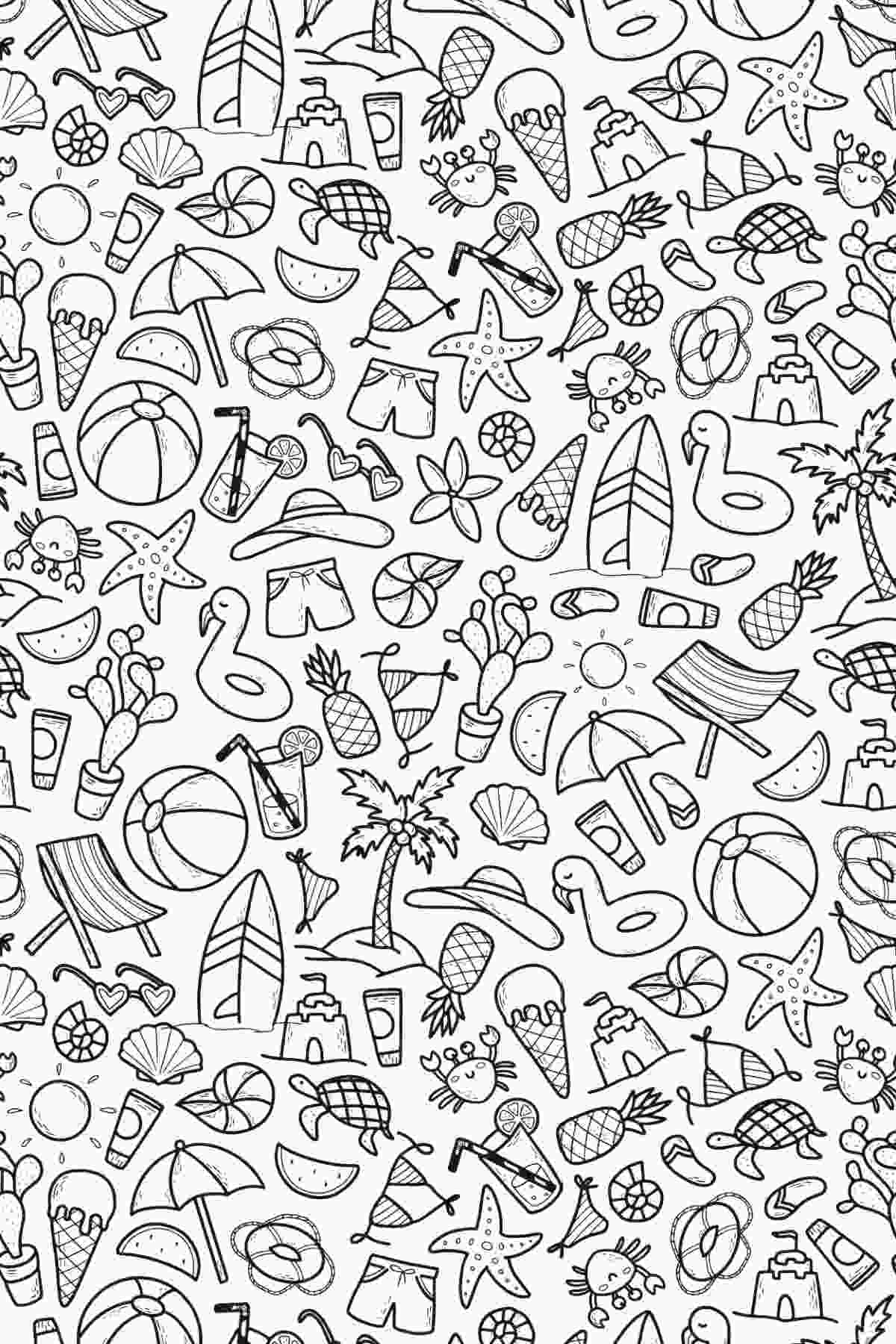 Get 20+ Free Coloring Pages for Summer A printable summer coloring pages free image with small vector image of beach and pool items like floaties, palm trees, surf boards, beach chairs, pineapples, sandcastles, and bikinis.