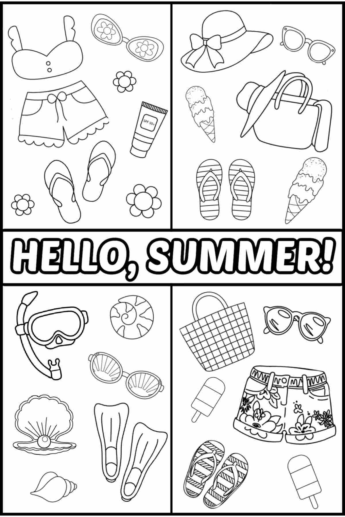 Get 20+ Free Summer Coloring Pages A printable summer coloring sheets free image of four different boxes with summer vignettes of various clothing items and accessories with the words hello summer in the center.