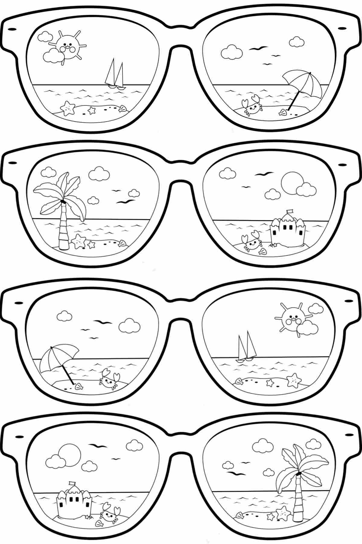Get Free Printable Sunglasses Coloring Pages A printable sunglasses coloring pages image with four different pairs of sunglasses, each one has beach scenes in the lenses.