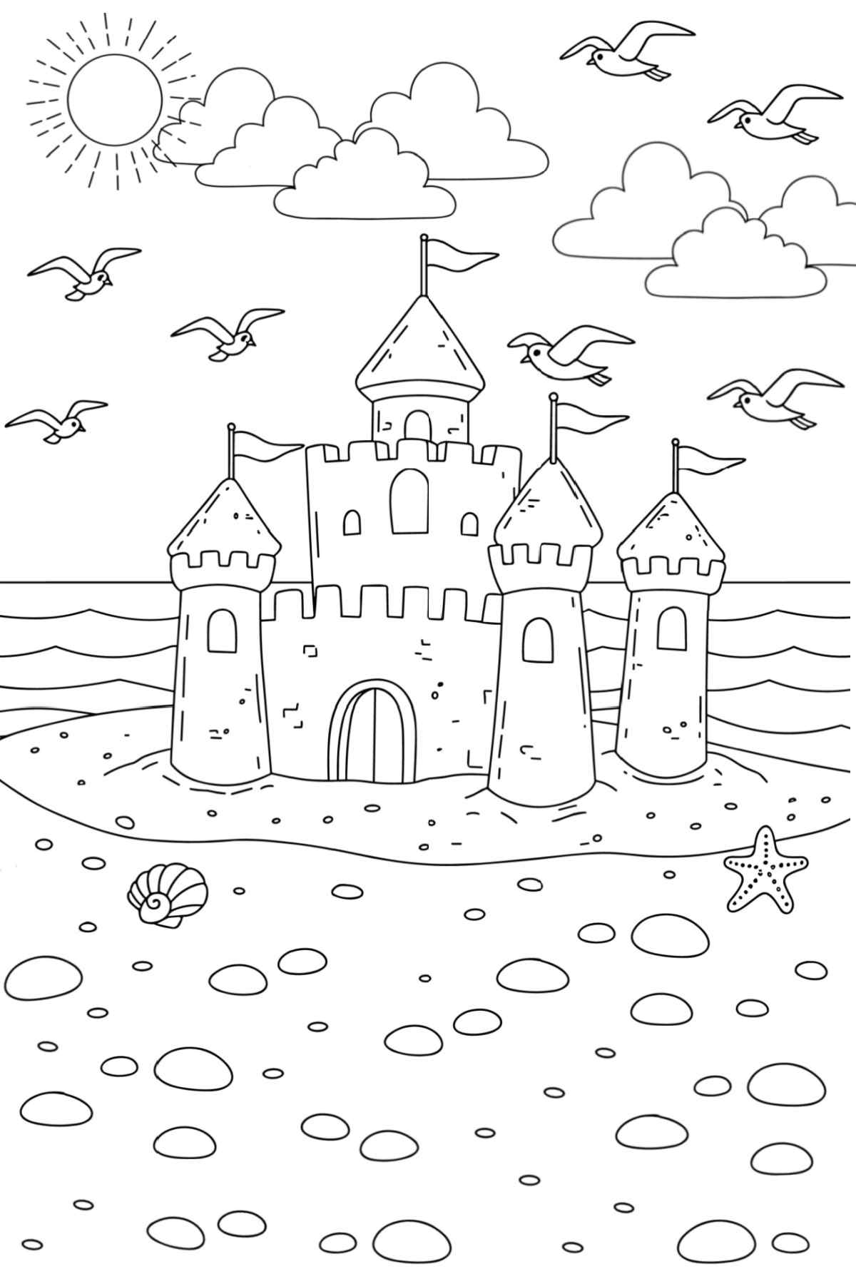 Free Sandcastle Coloring Pages Printable A sandcastle coloring pages printable with a sandcastle in the center, the ocean, seagulls and clouds in the background, and seashells in the foreground.