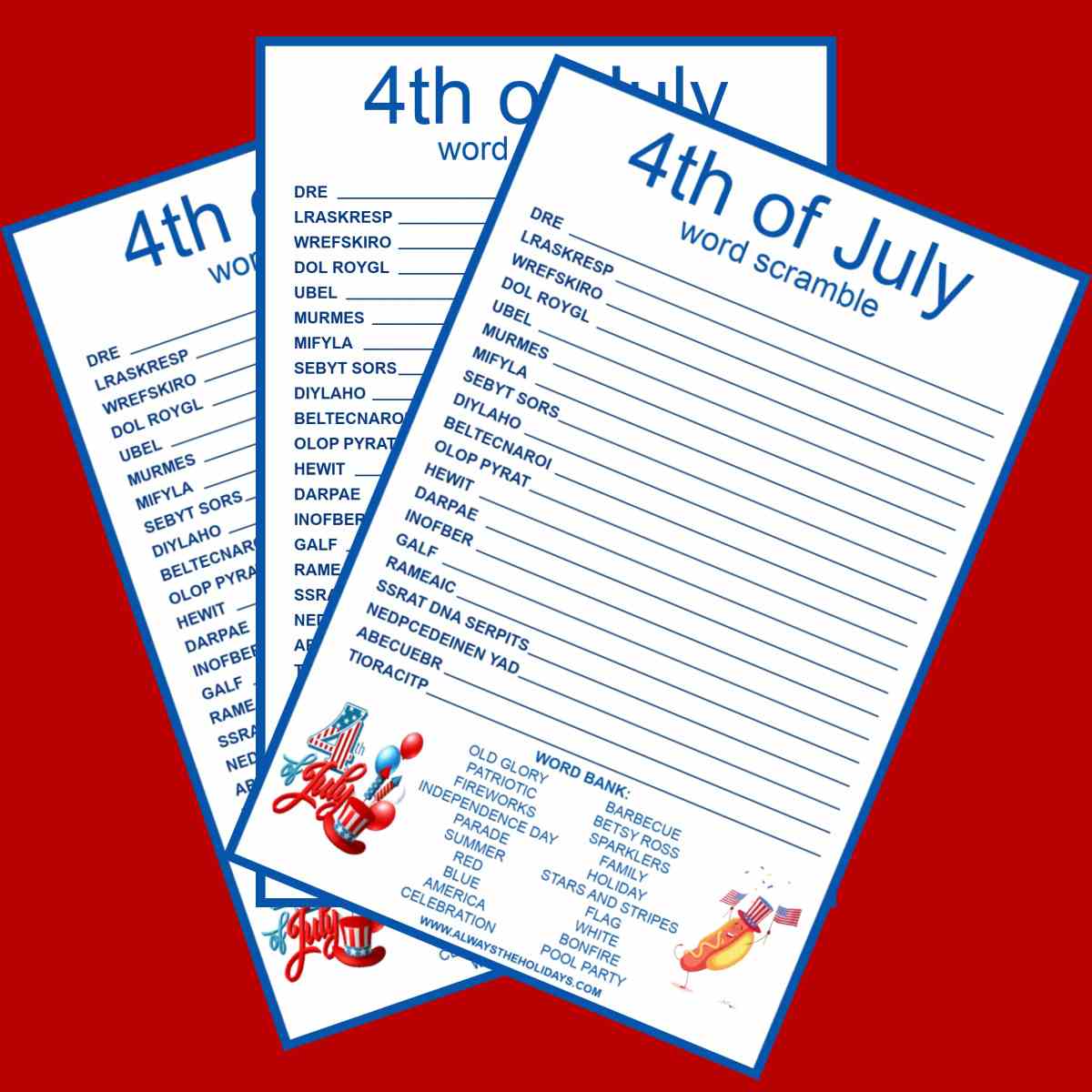 Three free printable 4th of July word scrambles fanned out on a red background.