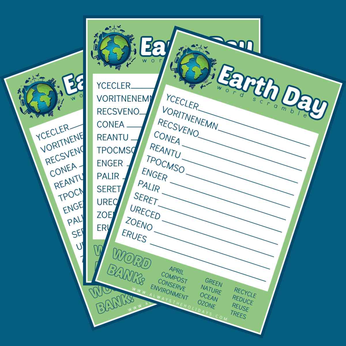 Three Earth Day word scrambles Three free printable Earth Day word scrambles fanned out on a blue background.