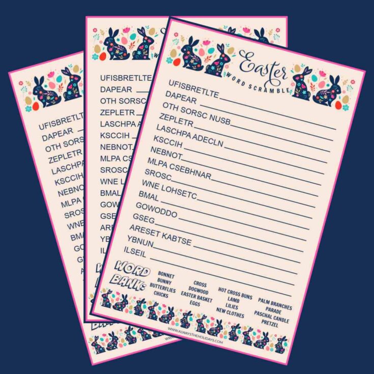 Three free printable Easter word scrambles fanned out on a dark blue background.