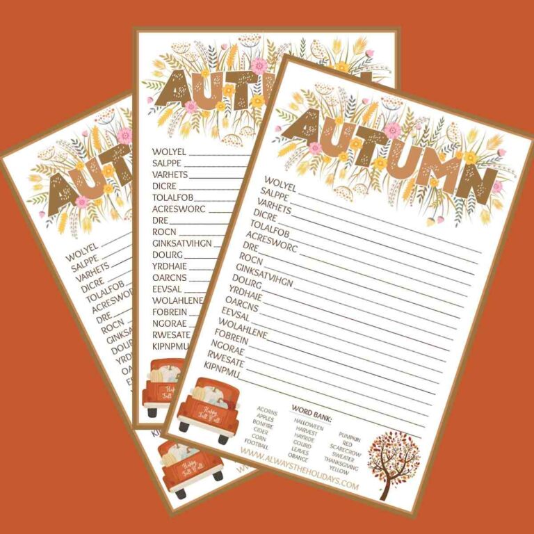 Three free printable fall word scrambles fanned out on an orange background.