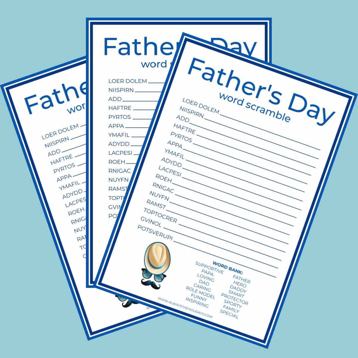 Three Father's Day word scrambles Three free printable Father's Day word scrambles fanned out on a light blue background.