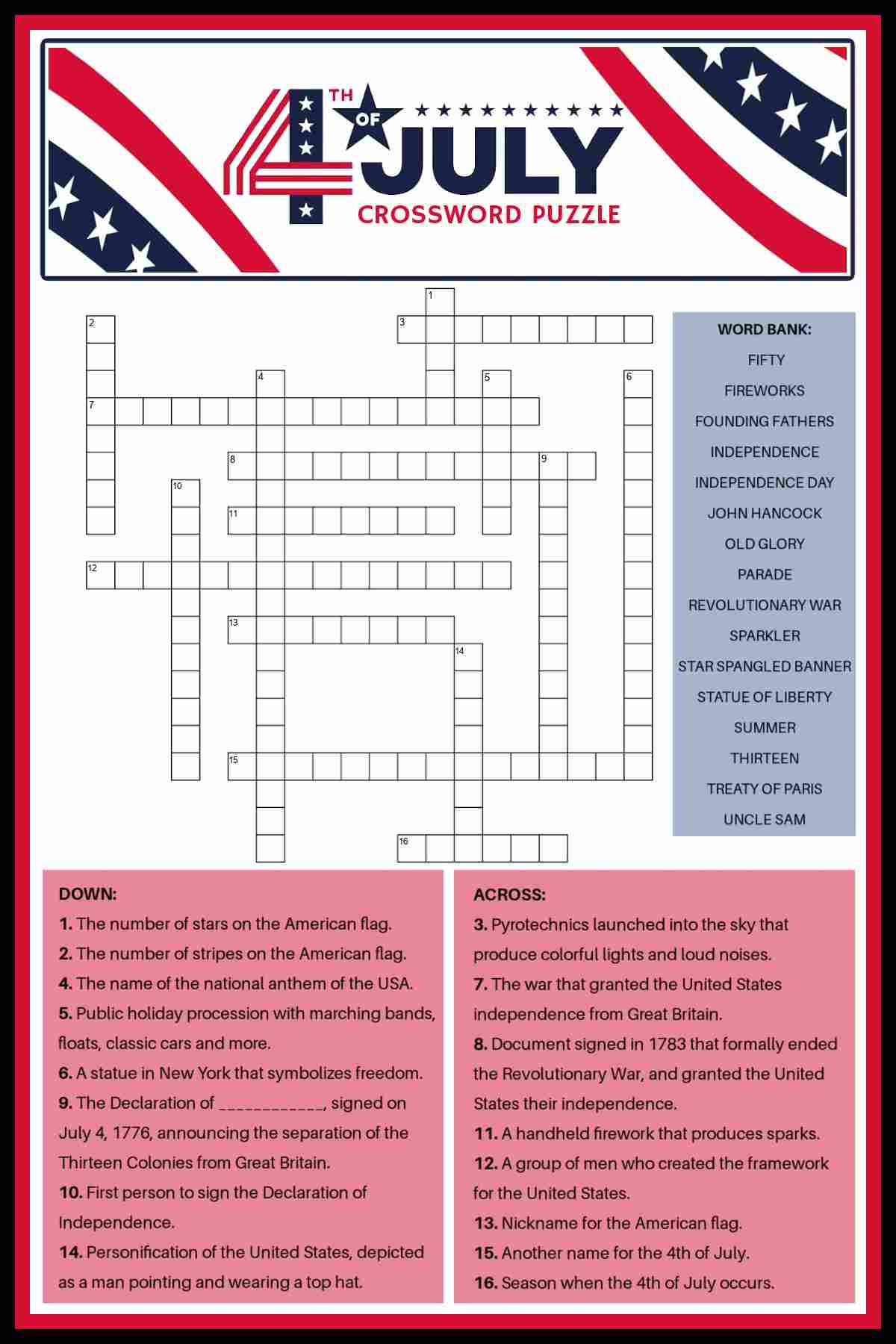 An Independence Day crossword puzzle with a word bank in the center of the image, the clues at the bottom, and a text overlay at the top that reads 4th of July crossword puzzle in red white and blue lettering.