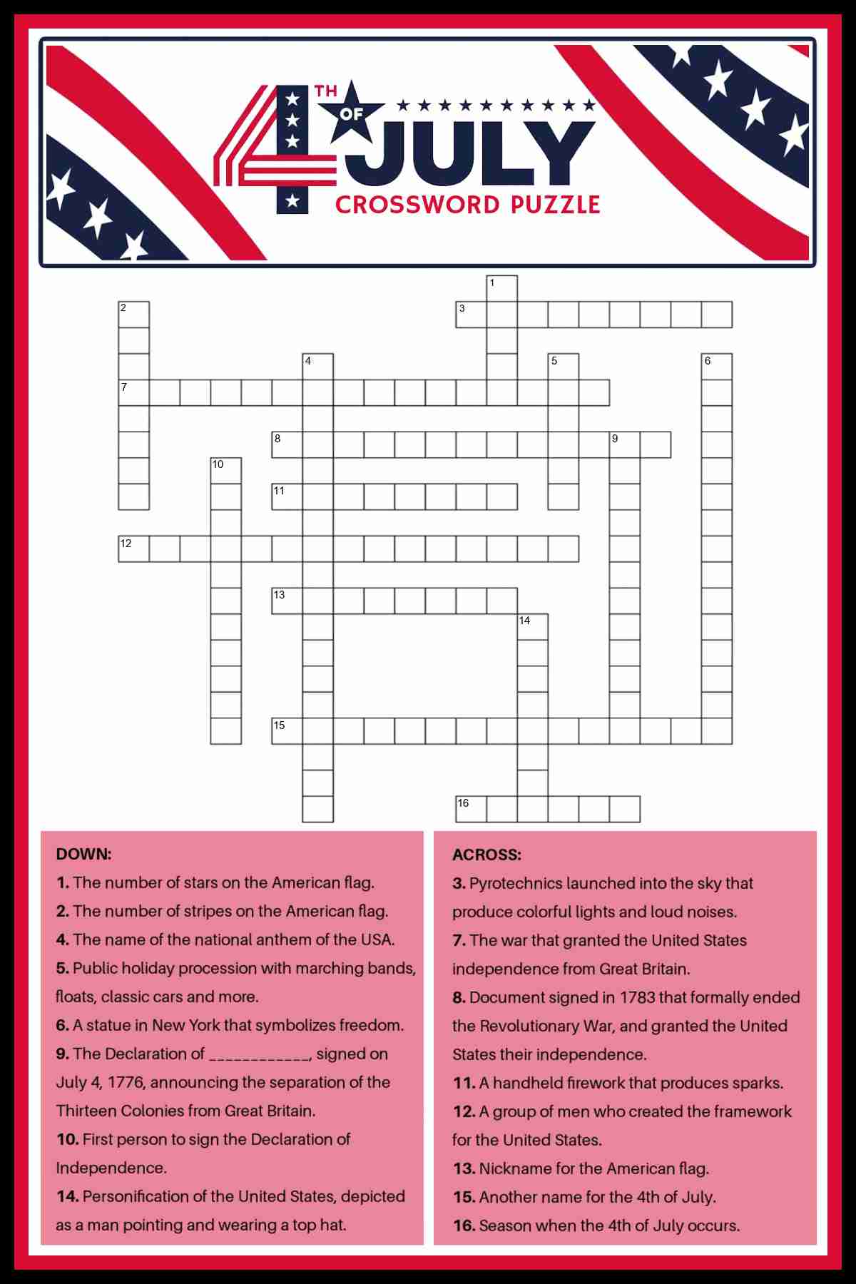 A free 4th of July crossword puzzle, with a patriotic header at the top, and the clues in red boxes below the crossword puzzle image.