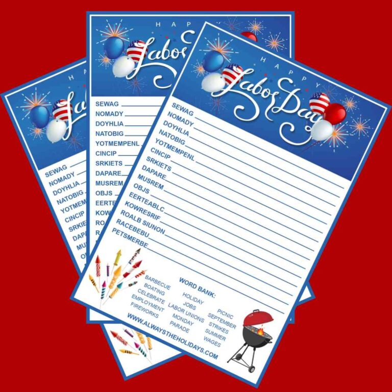 Three free printable Labor Day word scrambles fanned out on a red background.