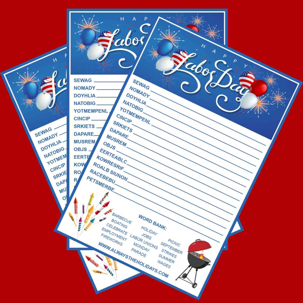 Three Labor Day word scrambles Three free printable Labor Day word scrambles fanned out on a red background.