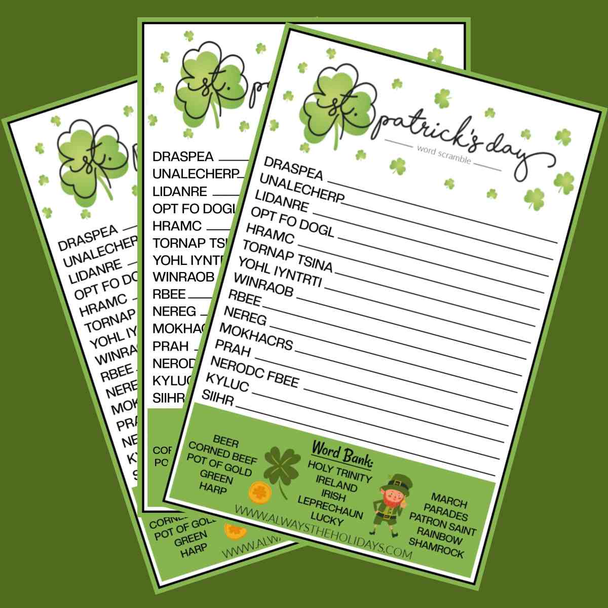 Three free printable spring word scrambles fanned out on a green background.