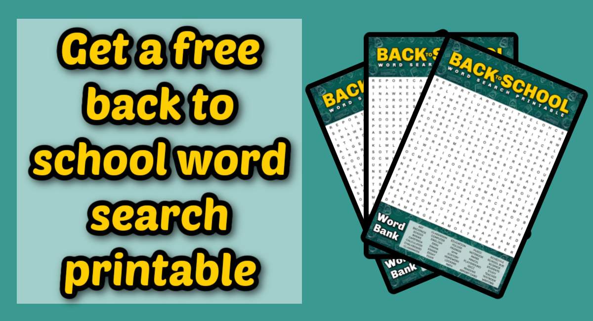 Back to school word puzzles A text overlay that says get a free back to school word search printable to the left of three free back to school word puzzles fanned out on top of eachother.