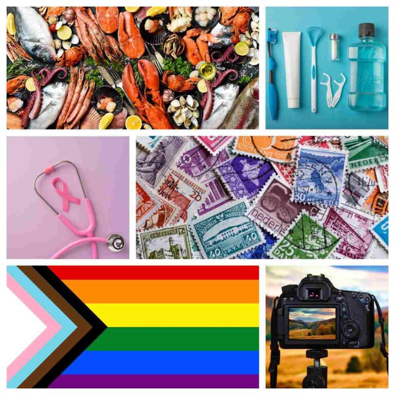 A collage of six October national months and October awareness months including a pile of fish and shellfish for National Seafood Month, an assortment of dental hygiene supplies for National Dental Hygiene Month, a pink stethoscope and ribbon for Breast Cancer Awareness Month, a pile of stamps for National Stamp Collecting Month, a pride flag for LGBTQ History Month, and a DSLR camera set up for Photographer Appreciation Month.