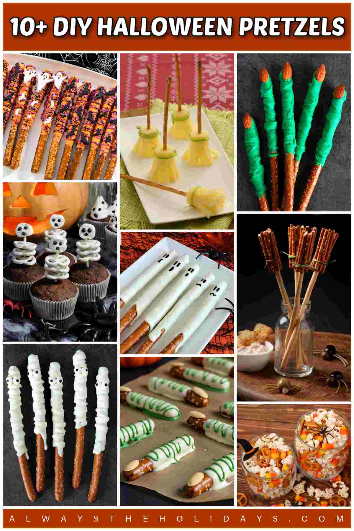 A collage of Halloween pretzel ideas with a text overlay at the top that says 10+ DIY Halloween pretzels, with the collage including pretzel broomsticks, decorated Halloween pretzel rods and a cupcake design.