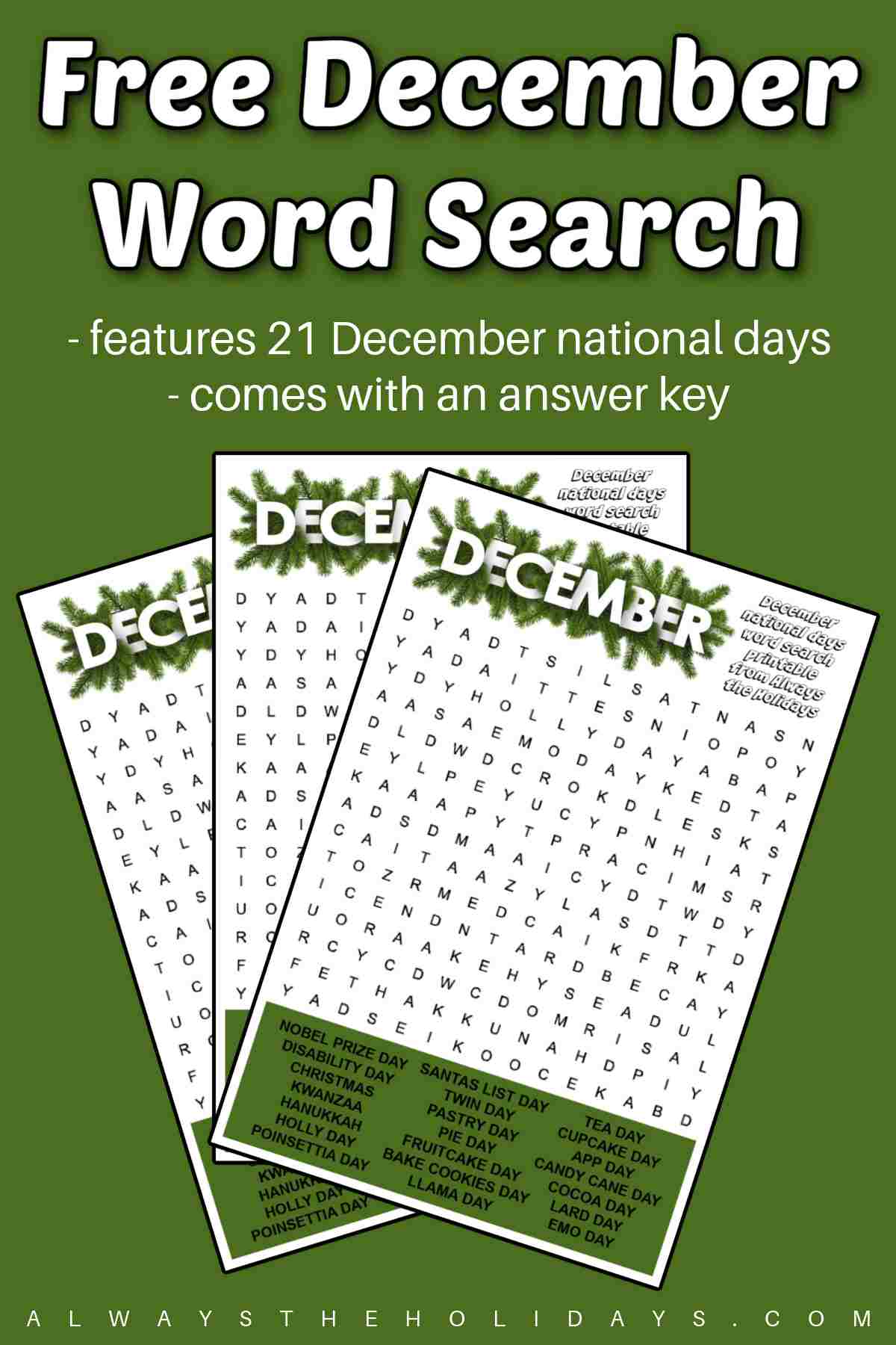 White bubble letters at the top of the image that says free December word search above three December word search printables fanned out on a dusty green background.