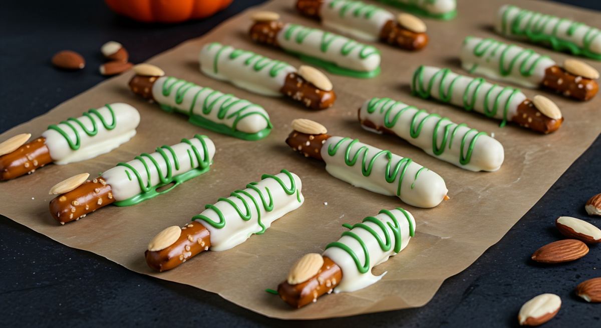 Witch finger pretzels made of mini pretzel rods topped with melted white chocolate and drizzled with green melted chocolate, and blanched almond fingertips of these pretzel witch fingers.