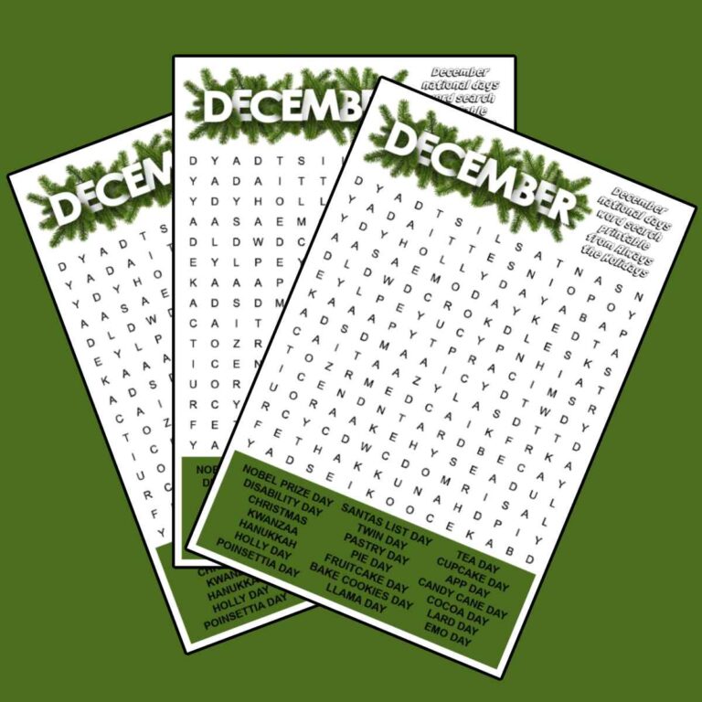 Three free December word searches fanned out across a medium green background.