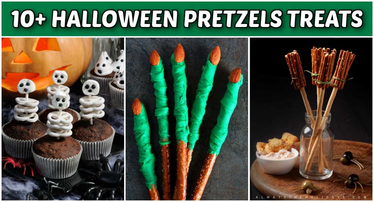 A collage of 3 Halloween pretzel snacks with a text overlay at the top that says 10+ Halloween pretzels treats, from left to right the images are pretzel skeleton cupcakes, witch finger pretzels, and a Halloween broomstick snack.