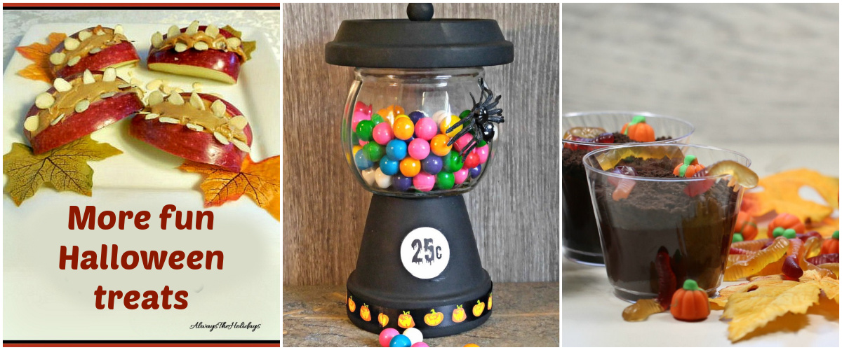 Halloween mouth apples, Halloween gumball machine, and Halloween dirt cups in a collage. Red text reads More fun Halloween treats.