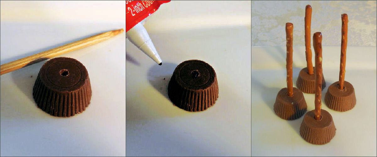 A collage of three images showing how to make a peanut butter cup broomstick, where the peanut butter cup is the base, and a pretzel is the broomstick handle.
