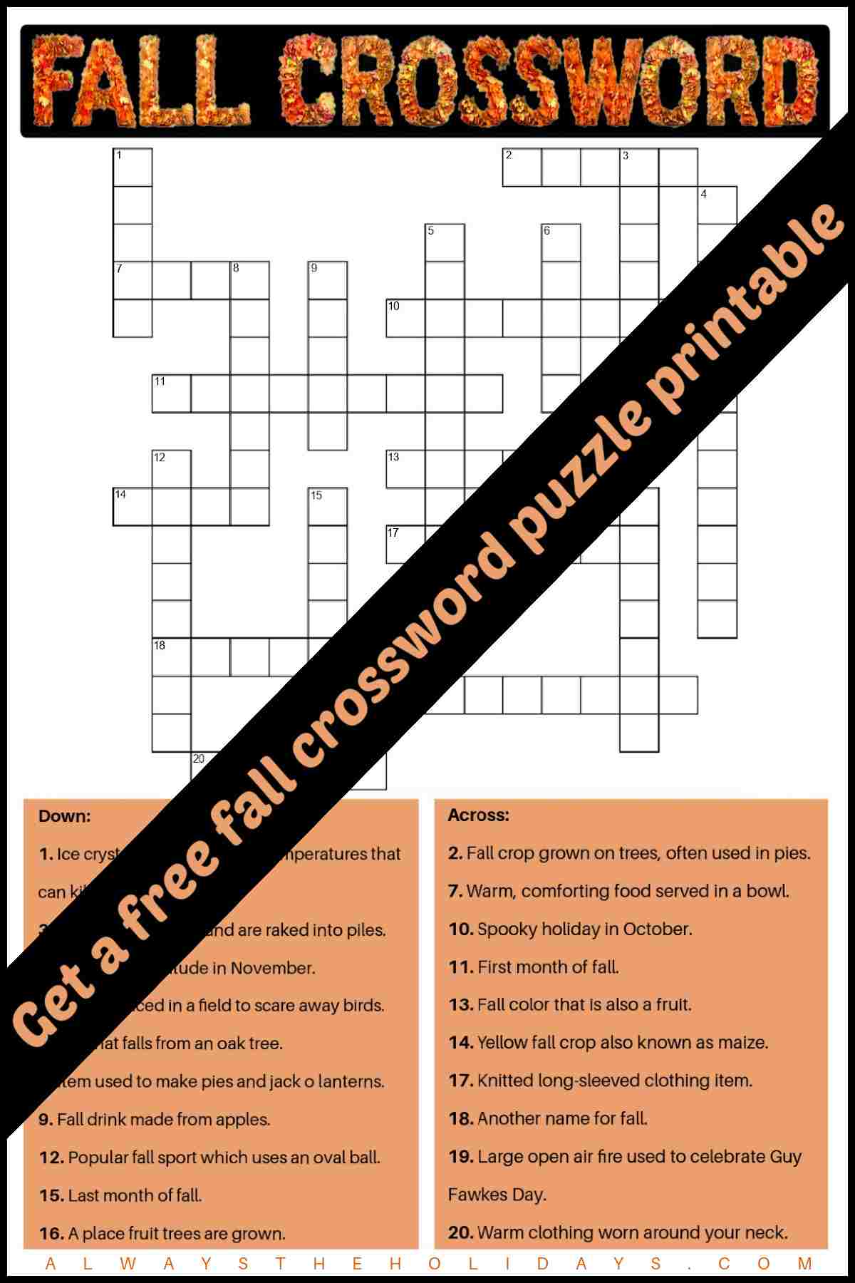Get a Free Fall Crossword Puzzle Printable A fall printable free crossword that has a black banner diagonally across the image that says get a free fall crossword puzzle printable.