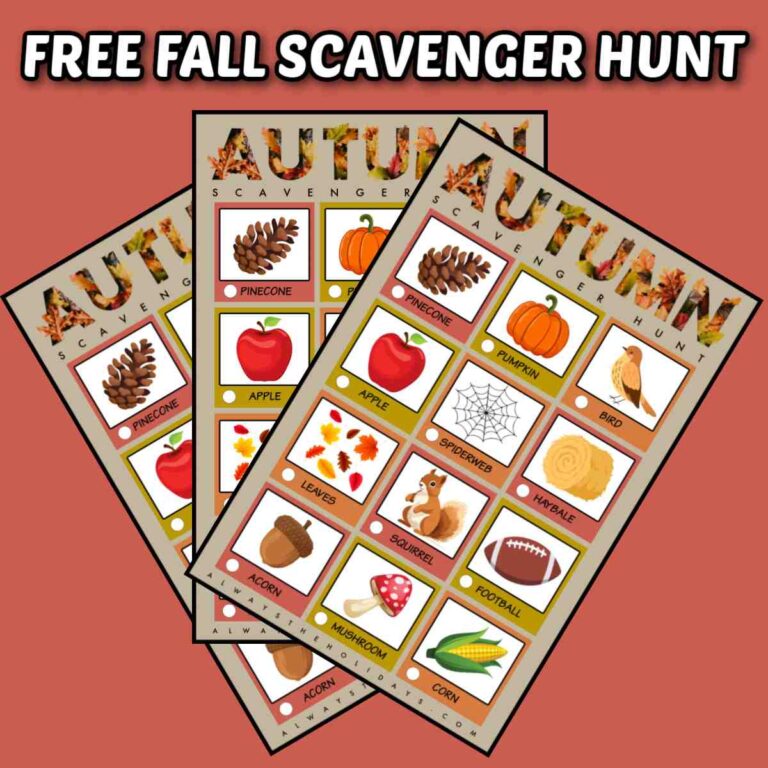 Three free autumn printables for fall fanned out over a dark peach background with white text above them that says free fall scavenger hunt.