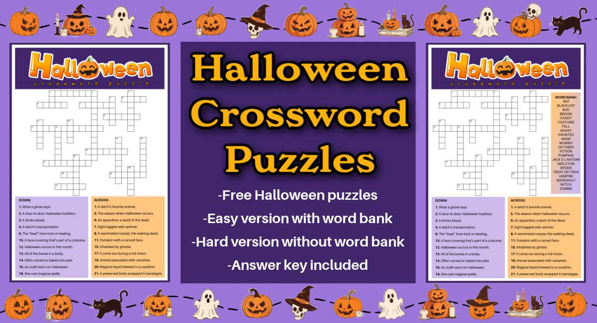 Halloween crossword puzzles Two Halloween printables flanking a dark purple square with an orange text overlay on it that says Halloween crossword puzzles, and a border of tiny pumpkins, ghosts and black cats running along the top and bottom of the image.
