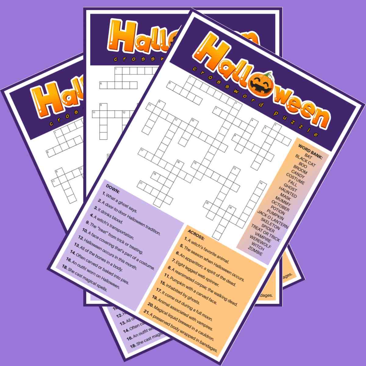 Halloween crosswords Three free printable Halloween crossword puzzles fanned out on a light purple background.