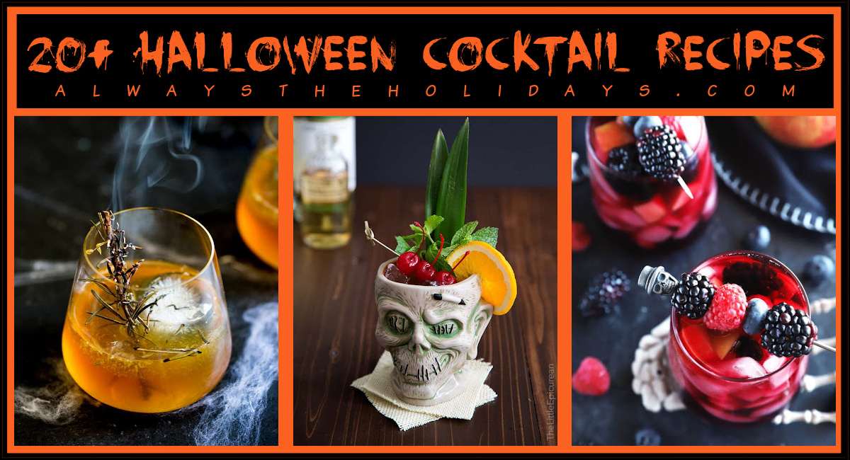 Halloween cocktail recipes A text overlay that says 20+ Halloween cocktail recipes in orange text in a black box above a collage of three spooky Halloween drinks including a graveyard bourbon drink, a zombie cocktail and a Halloween sangria punch.