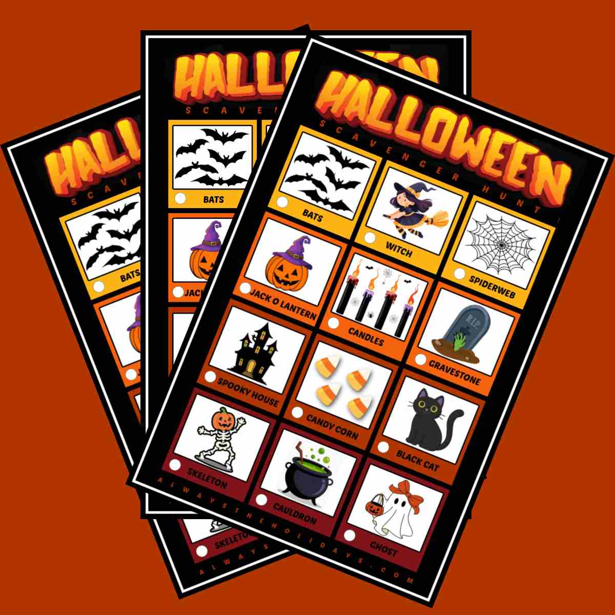Free printable Halloween scavenger hunts Three free printable scavenger hunts fanned out on top of each other across an orange background.