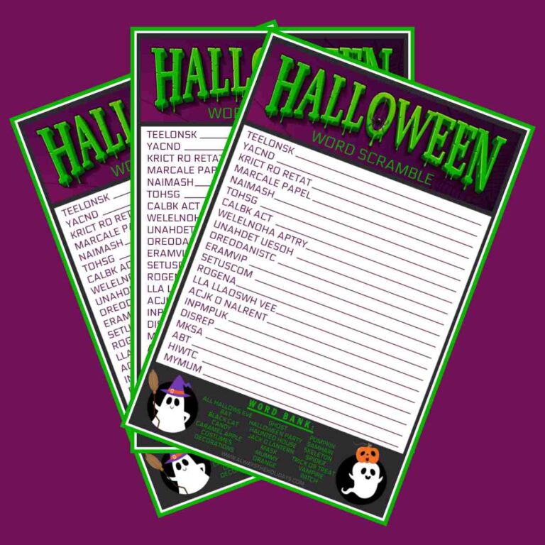 Three Halloween word scrambles fanned out across a purple background. Each Halloween scramble has green text at the top, the scramble in the center, and a word bank a the bottom.