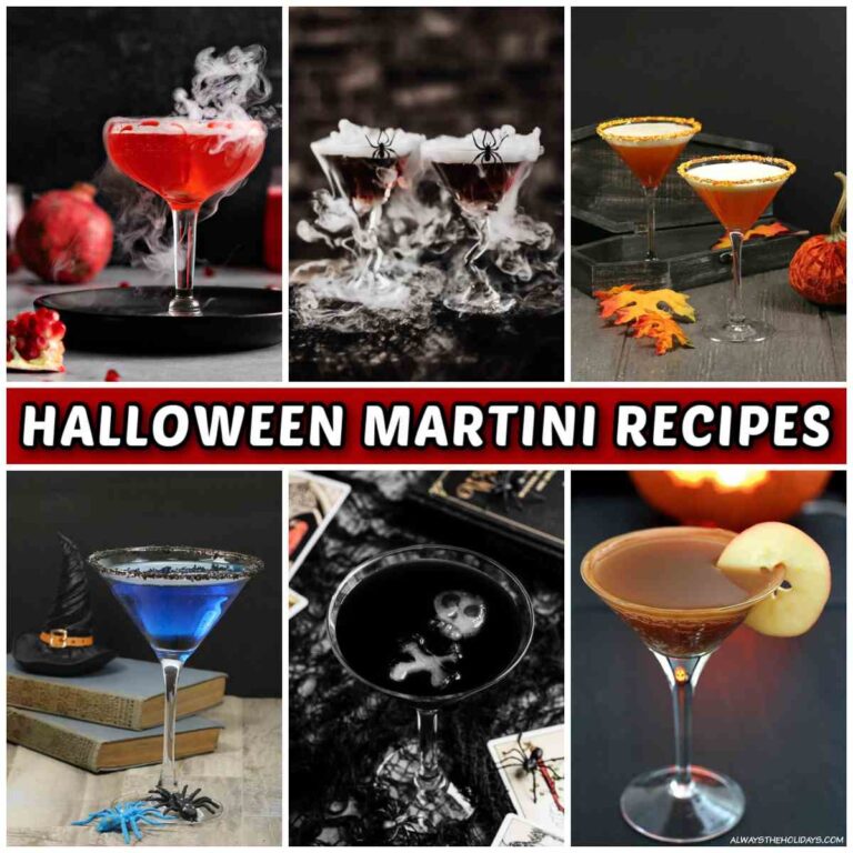 A collage of spooky Halloween martinis including a blood martini, a black widow martini, a candy corn martini, a witches brew martini, a black magic martini and a caramel apple cider martini.