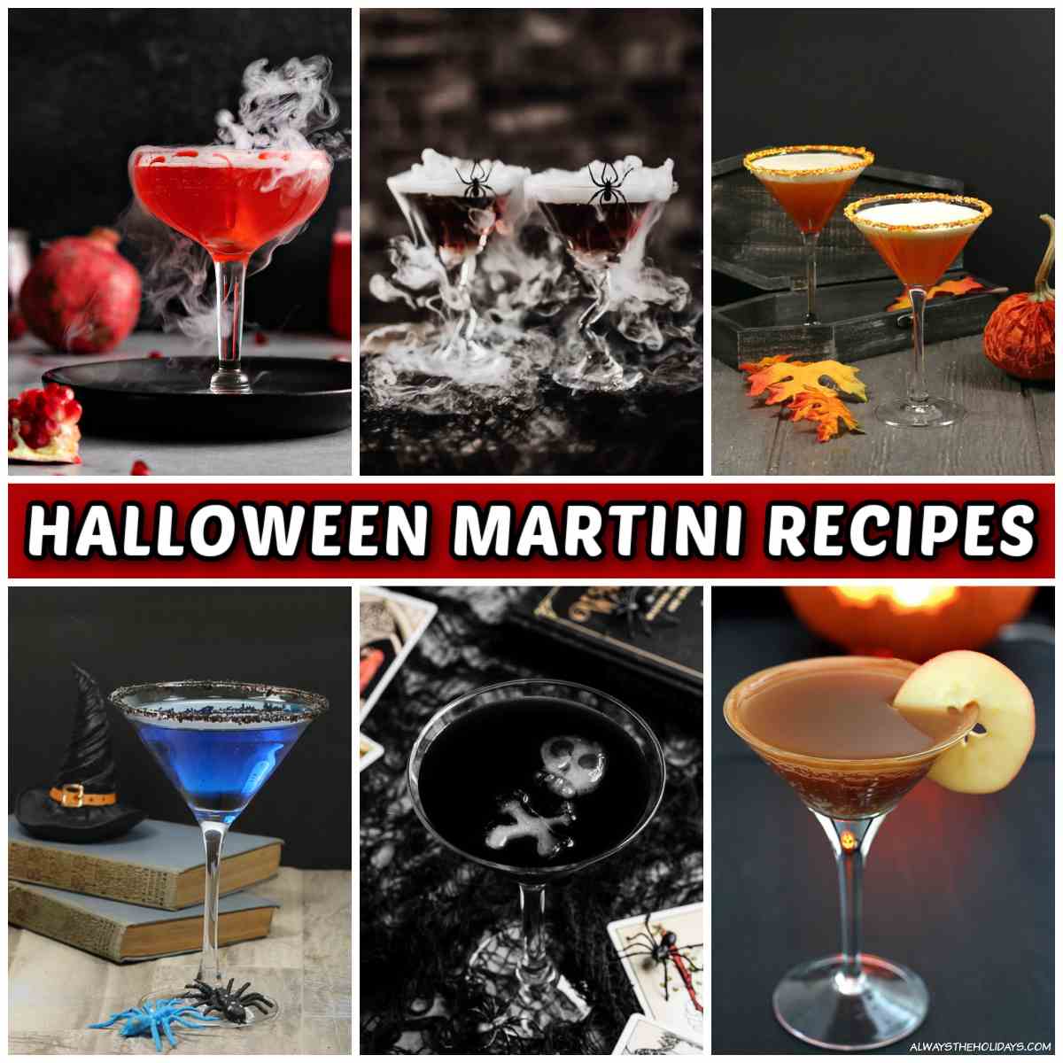 Rectangular Halloween cocktails collage A collage of spooky Halloween martinis including a blood martini, a black widow martini, a candy corn martini, a witches brew martini, a black magic martini and a caramel apple cider martini.