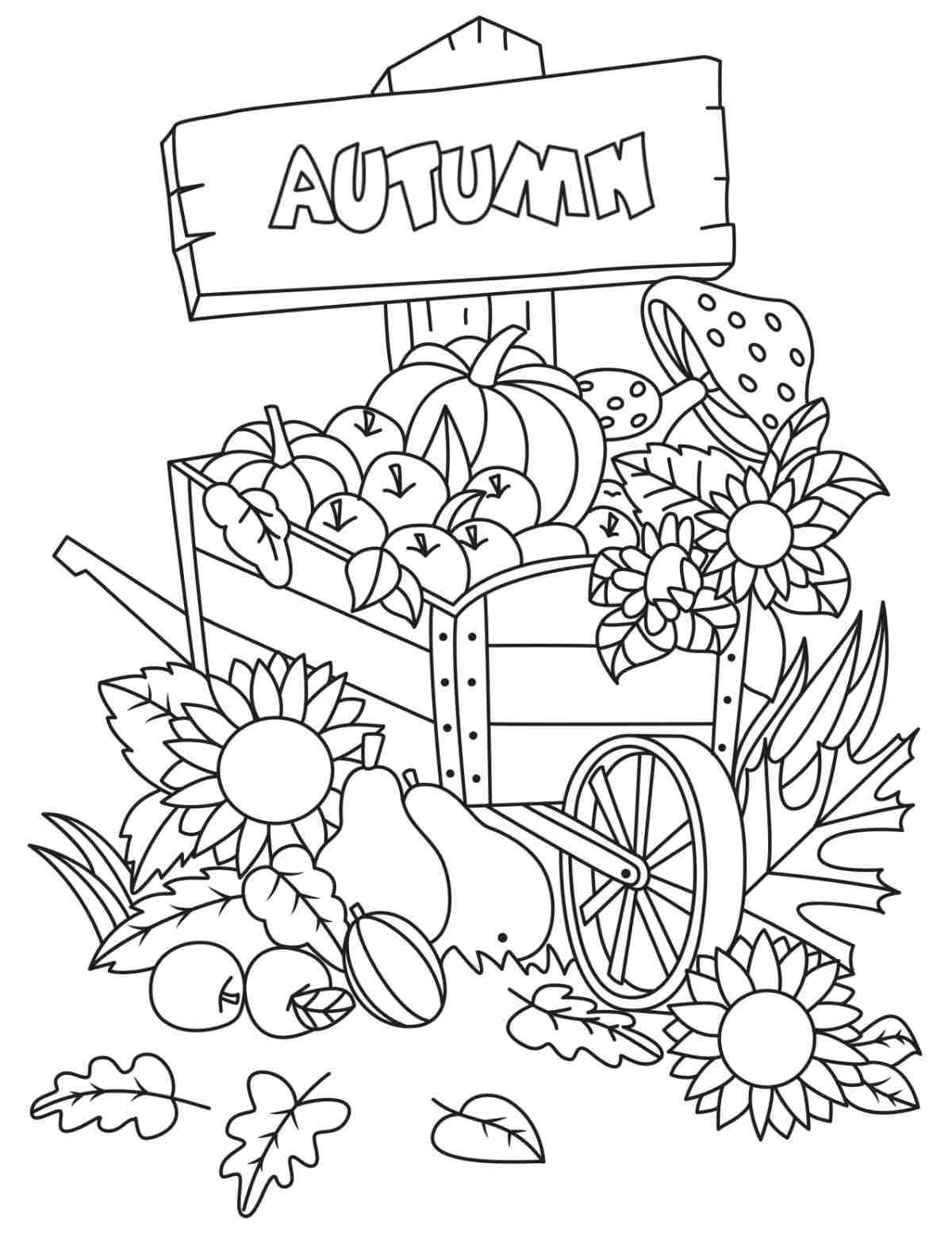 Get 20+ Autumn Coloring Pages Free! An autumn coloring pages free printable depicting a wheelbarrow overflowing with pumpkins, flowers, leaves, mushrooms and berries with a wooden sign behind it that says autumn in capital block letters.