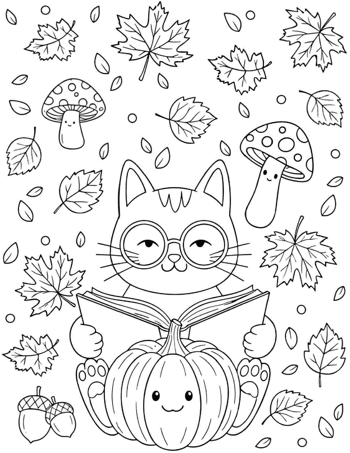 Get this Free Cat Coloring Sheets Printable for Fall A fall themed cat coloring sheets printable depicting a cat with glasses reading a book, with a pumpkin at his feet, with leaves, mushrooms and acorns floating around him.