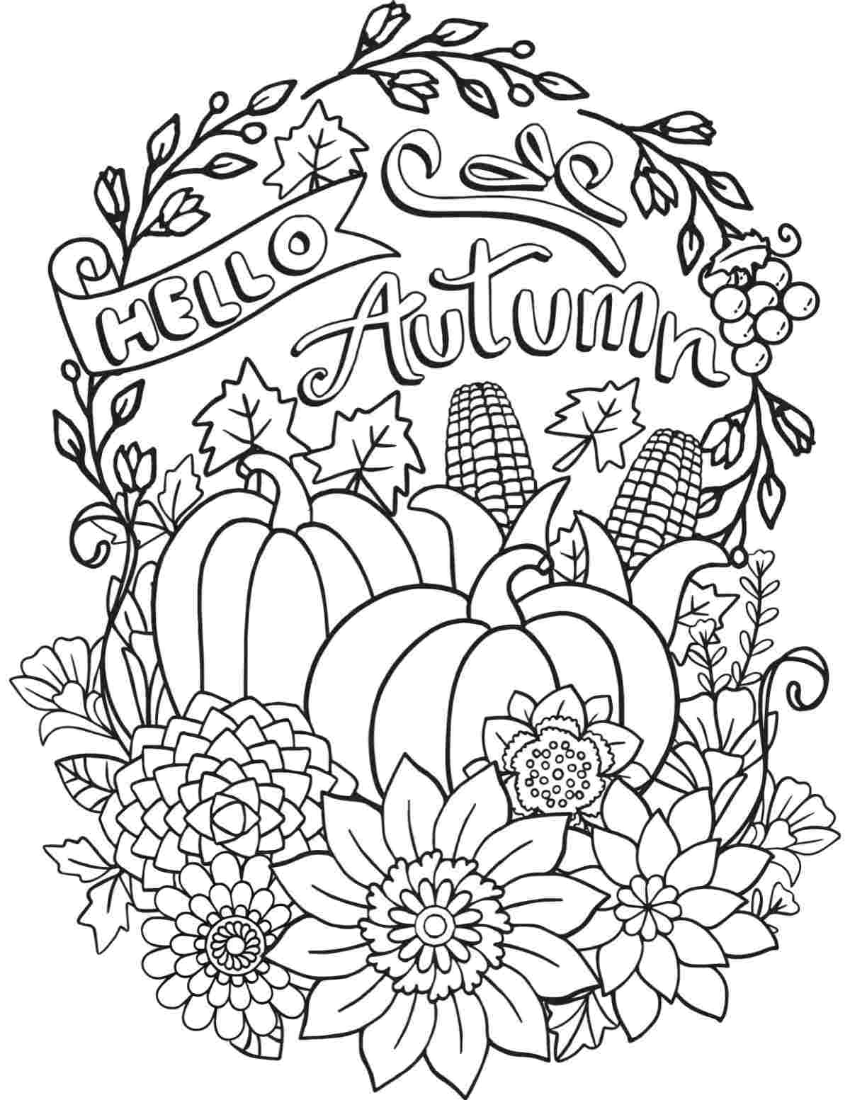 Get 20+ Autumn Coloring Pages A free autumn coloring pages printable that says hello autumn in cursive lettering above a display of pumpkins, corn, fall leaves, flowers and vines.