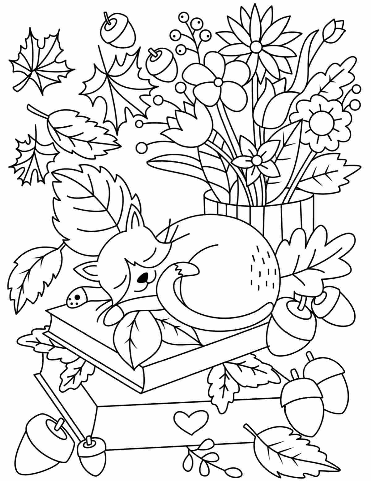 Get 20+ Free Printable Fall Coloring Sheets A free fall coloring sheets printable with a small woodland animal sleeping on a stack of books, which is in front of a vase of fall flowers, and acorns and leaves are scattered around the entire image.