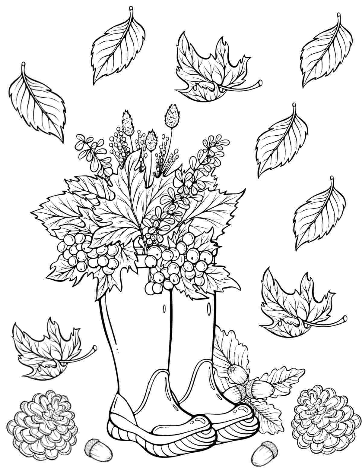 Get a Free Fall Leaves Coloring Pages Printable A free fall leaf coloring pages printable with two rain boots filled with leaves and fall flowers, with pinecones and acorns at the bottom of the image, and falling leaves around the rain boots.
