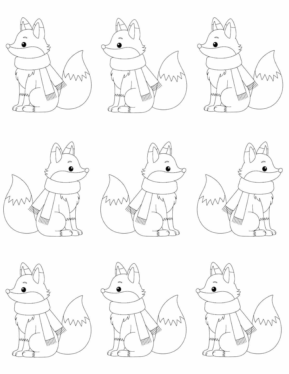Get this Fox Coloring Pages Free Printable A free fox coloring pages printable for fall with nine foxes wearing scarves placed evenly throughout the image.