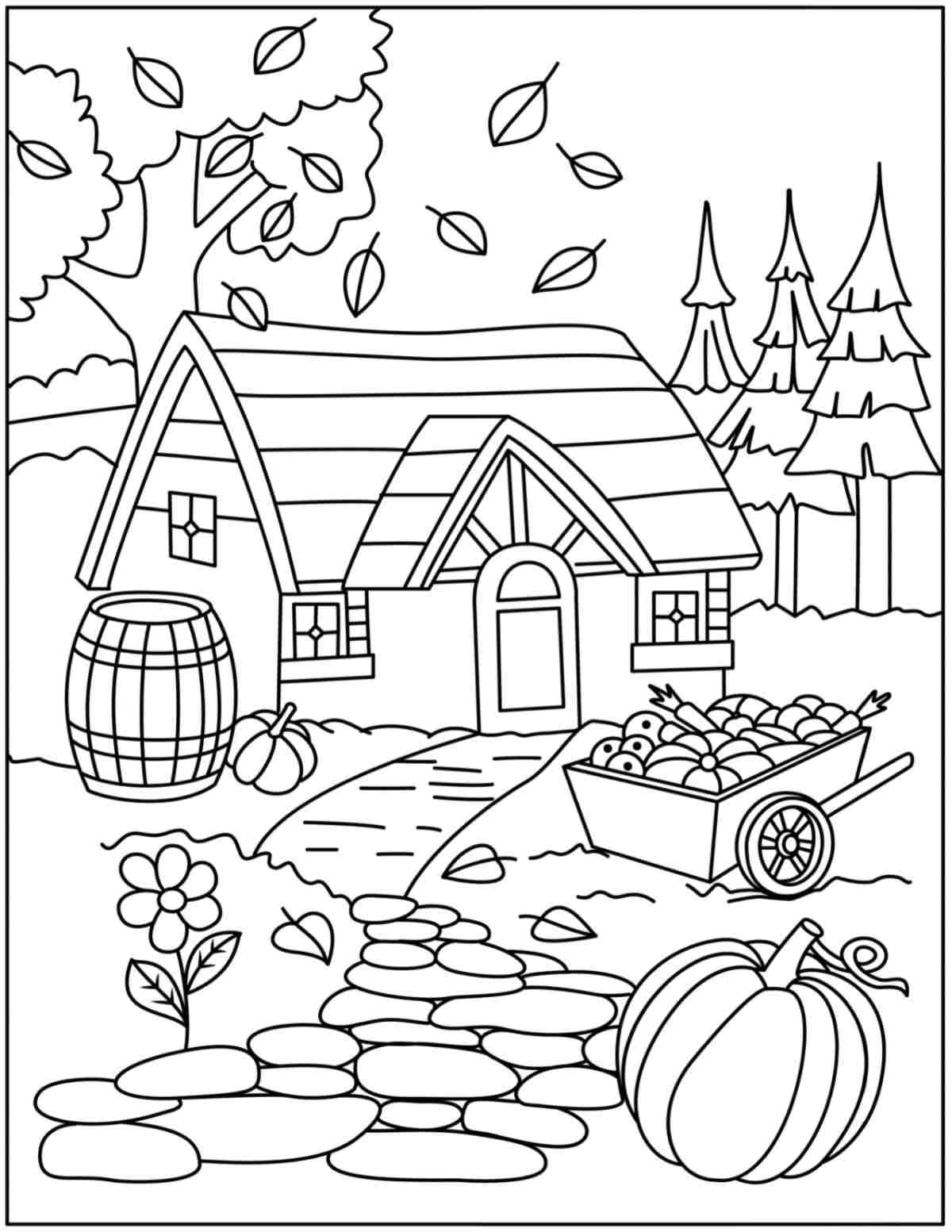 Get this Free House Coloring Sheets for Fall A free house coloring sheets printable for fall with a cottage in the center of the image with a brick path winding up towards it, a wheelbarrow of pumpkins in the foreground and trees in the background.