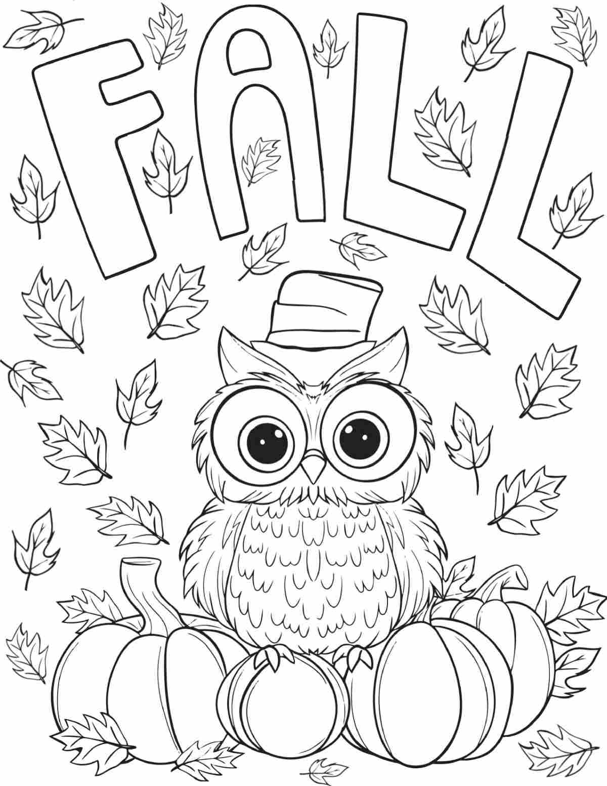 Get this Free Owl Coloring Sheets Printable for Fall A free owl coloring sheets printable for fall with the owl sitting on three pumpkins at the bottom of the image, the word fall in large letters at the top, and lots of leaves falling throughout the image.