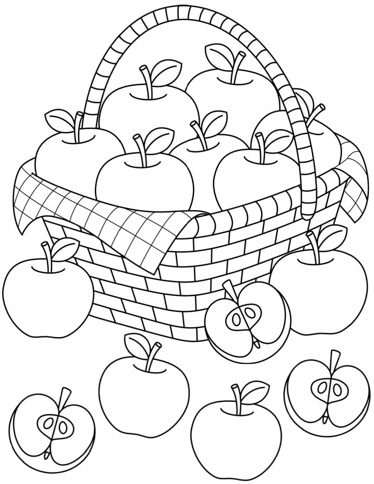Get a Free Printable Apple Coloring Sheets for Fall A free printable apple coloring sheets for fall with a large wicker basket of apples in the center of the image, with a few apples and apple halves that have spilled out of the basket.