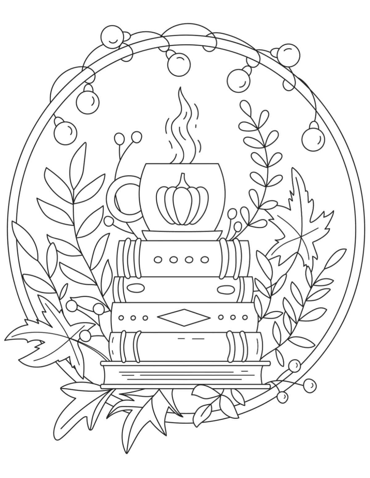 Get 20+ Fall Coloring Pages Free Printables A free printable fall coloring pages image with a circle in the center of the image and inside the circle is a stack of books with a steaming mug with a pumpkin drawn on it, all surrounded by leaves, vines and berries.