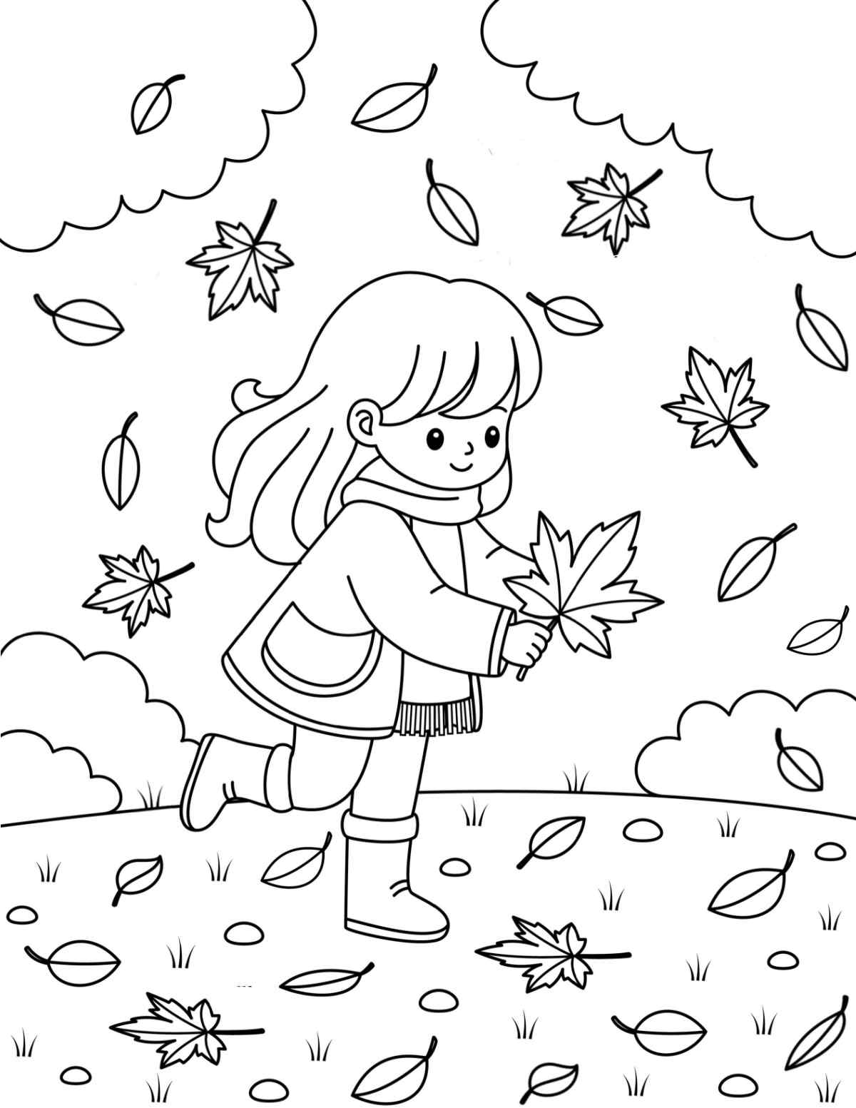 Get this Free Printable Fall Coloring Pages Image A printable fall leaves coloring pages for autumn showing a young girl bundled up in a coat, scarf and boots running around in a field trying to catch leaves with lots of leaves still falling, and plenty on the ground too.