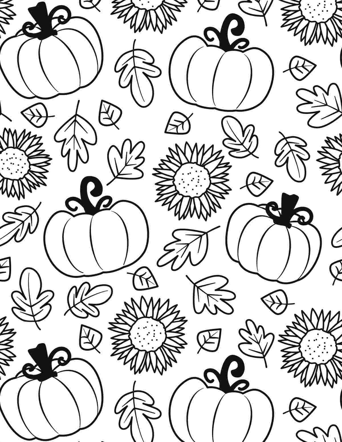 Get a Free Pumpkin Coloring Pages Printable A free printable pumpkin coloring pages for autumn filled with pumpkins, sunflowers and falling leaves.