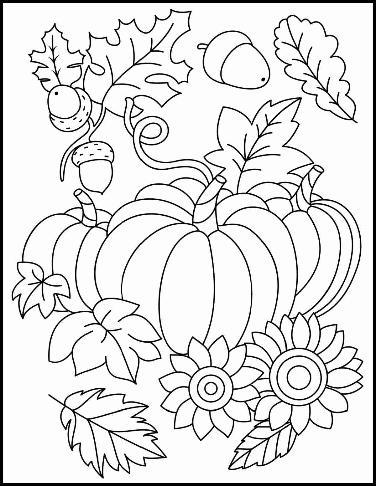 Get this Free Printable Pumpkin Coloring Pages Image A free pumpkin coloring pages printable for autumn with three large pumpkins in the center of the coloring sheet for fall, with leaves and acorns falling above them, and leaves and flowers beneath them.