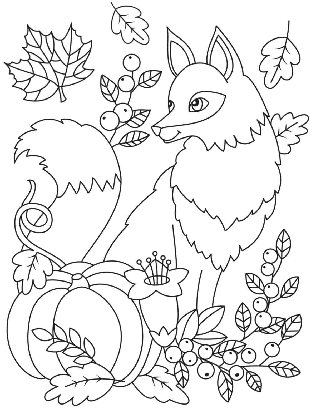 Get this Free Fox Coloring Pages Printable for Fall A printable fox coloring page for autumn with a large fox in the center of the free printable fall coloring sheet with leaves falling above the fox, and a pumpkin sitting in front of him, with leaves and berries at his feet.